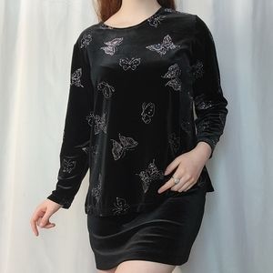 Y2k Black Velvet Pink Bling Butterfly Longsleeve Crewneck Notations Shirt, L/XL